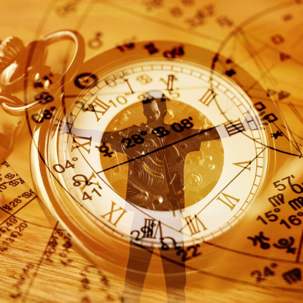 Pocket watch on background of astrology chart in gold tones