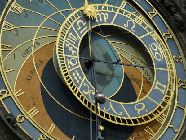 Closeup of astrological clock with sign glyphs in gold